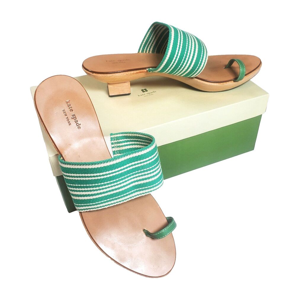 VTG Kate Spade Women’s Sandals Size 7 White Green Stripe Wooden 2" Heel
